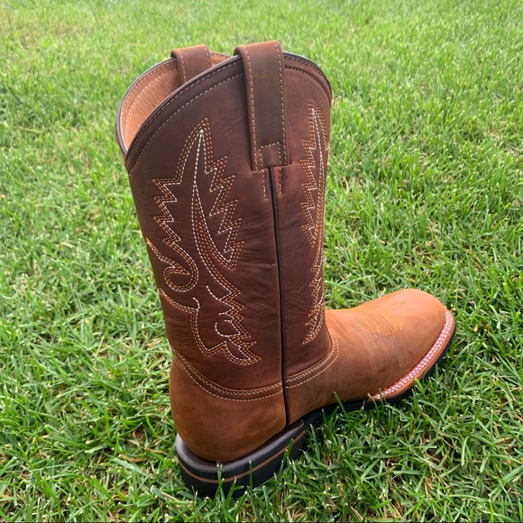 Men’s Western Rodeo Cowboy square toe Genuine cowhide Leather boots Tan 387 - Picture 5 of 8